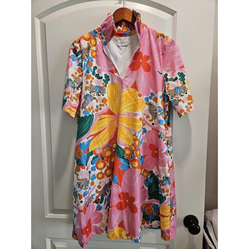 NWOT Adrienne Floral Cotton Dress Sz M Medium Ruffle Collar Lined A-line/swing
